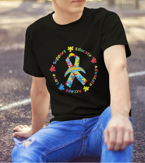 Los Angeles Chargers Autism Puzzle Ribbon Support Educate Advocate Accept Love T-Shirt