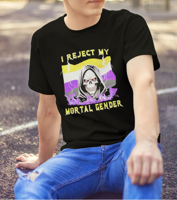I Reject My Mortal Gender Nonbinary Skull With Hood And Lightning T-Shirt