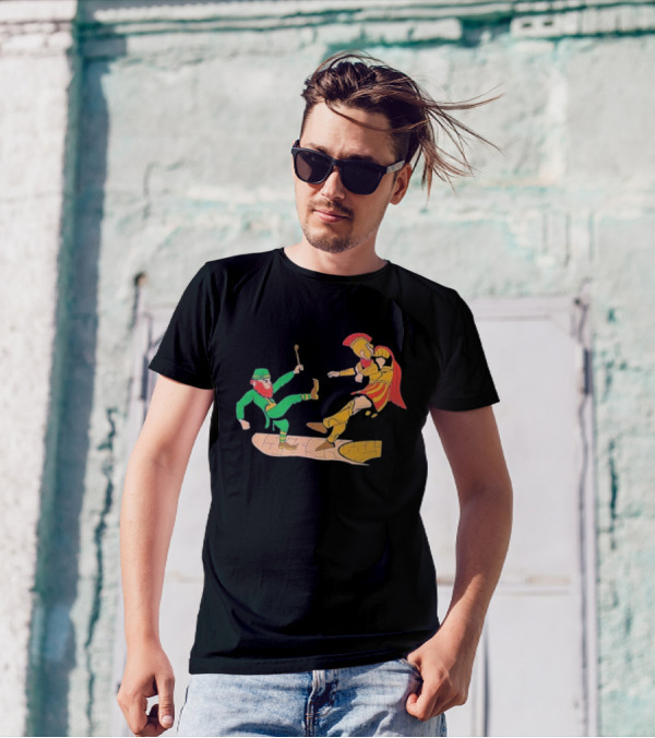 Notre Dame Leprechaun Vs. Trojan Warrior Kick Battle T-Shirt