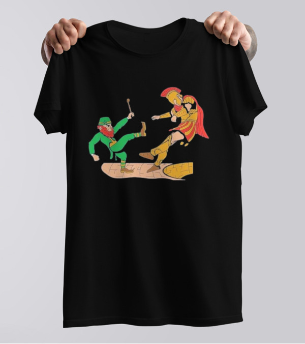 Notre Dame Leprechaun Vs. Trojan Warrior Kick Battle T-Shirt