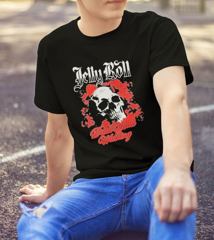 Jelly Roll Dead Man Walking Black Floral Skull Roses T-Shirt