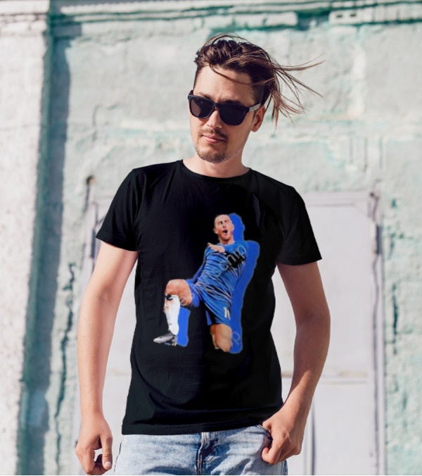 The By Line Show Garden Of Eden Celebration Pose Soccer Player In Blue Jersey T-Shirt