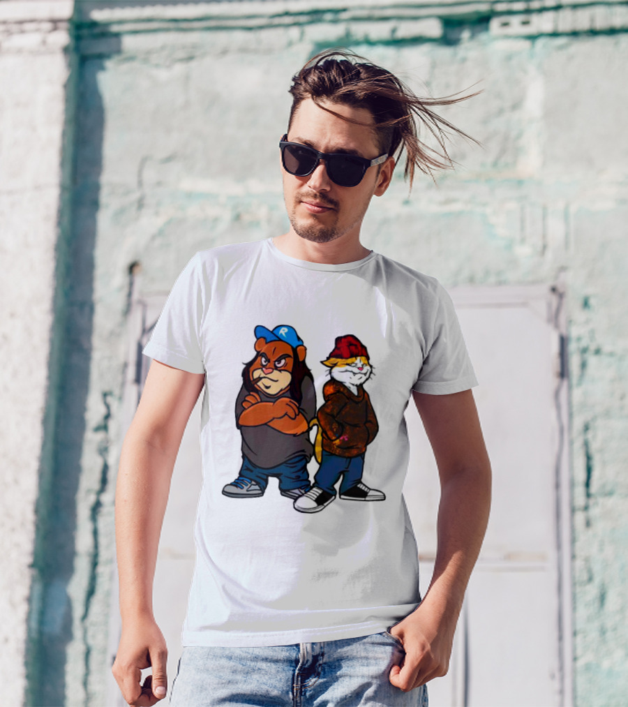 Phobik X Ratchet Cartoon Bear In Blue Cap And Cat In Red Beanie T-Shirt