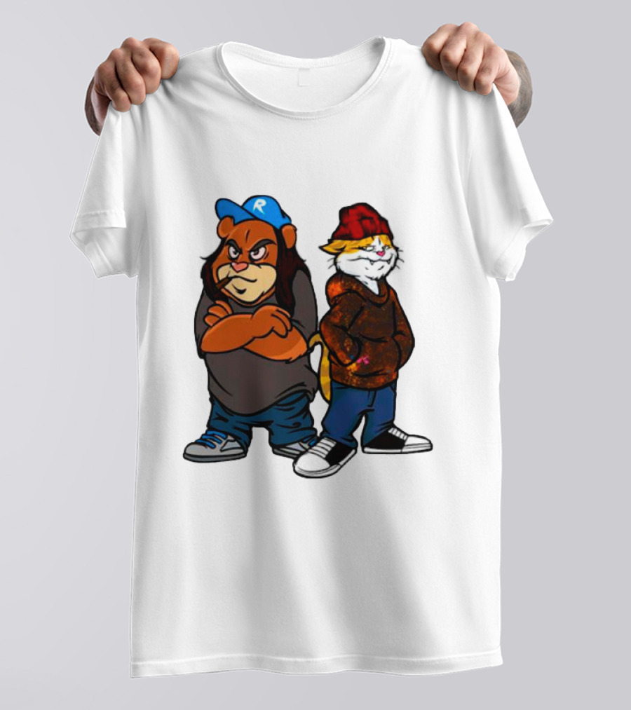 Phobik X Ratchet Cartoon Bear In Blue Cap And Cat In Red Beanie T-Shirt