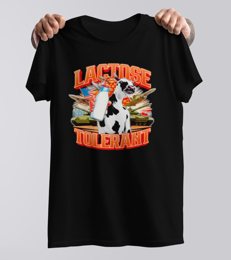 Lactose Tolerant Cow Holding Milk With Explosions And Tanks T-Shirt