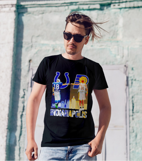 Indianapolis Colts Peyton Manning 18 Reggie Miller 31 Indiana Pacers Indianapolis Skyline T-Shirt