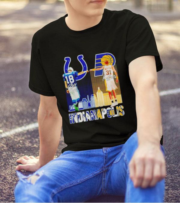 Indianapolis Colts Peyton Manning 18 Reggie Miller 31 Indiana Pacers Indianapolis Skyline T-Shirt