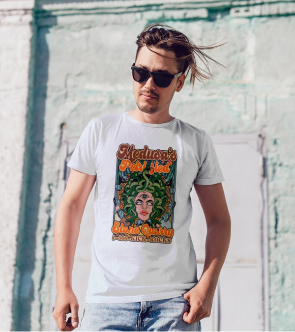 Medusa's Petrified Stone Quarry 1-866-Kick-Rocks Serpentine Gorgon Face With Third Eye And Stone Background T-Shirt