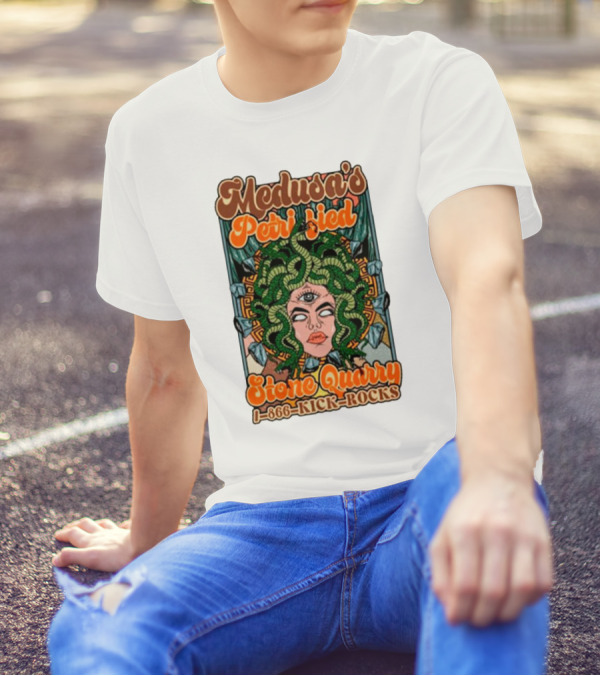 Medusa's Petrified Stone Quarry 1-866-Kick-Rocks Serpentine Gorgon Face With Third Eye And Stone Background T-Shirt