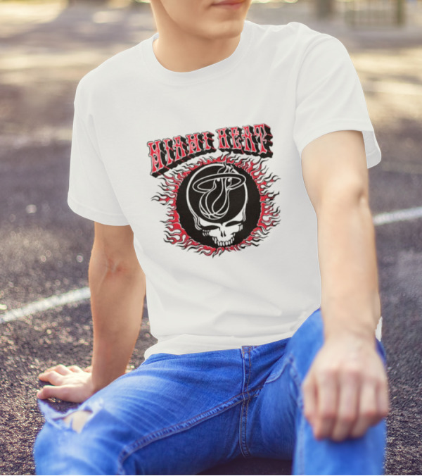 MiamI Heat Grateful Dead Skull Logo With Flaming Basketball T-Shirt