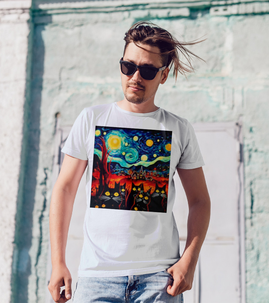 Starry Night Black Cat Van Gogh T-Shirt