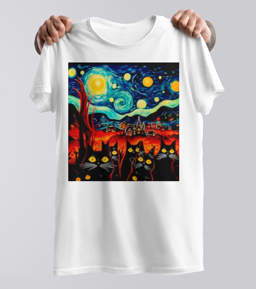 Starry Night Black Cat Van Gogh T-Shirt