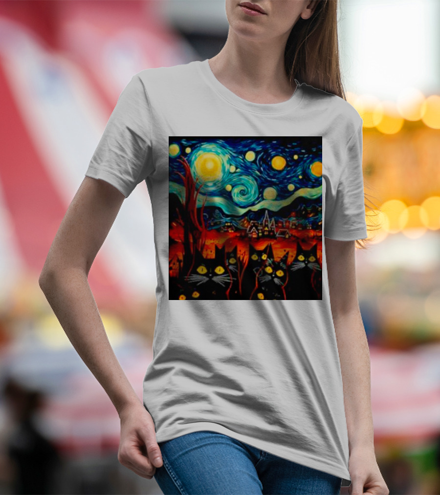 Starry Night Black Cat Van Gogh T-Shirt