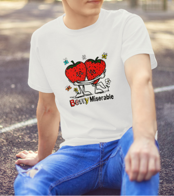 Berry Miserable Strawberry Hug With Butterflies And Flowers T-Shirt