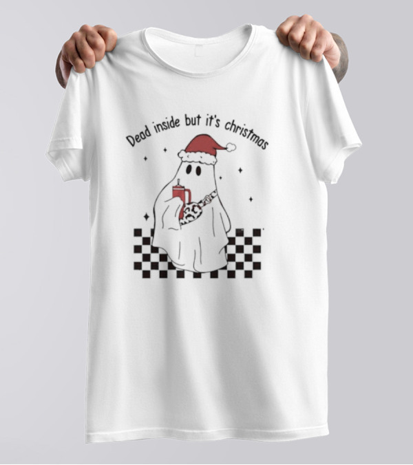 Dead Inside But It's Christmas Ghost With Santa Hat And Mug T-Shirt