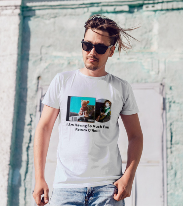 I Am Having So Much Fun Patrick O’Neill Teddy Bear Blue Background CD Boy With Toy T-Shirt
