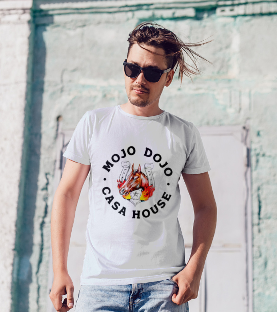 Mojo Dojo Casa House Horse With Flaming Background And Horseshoe Emblem T-Shirt