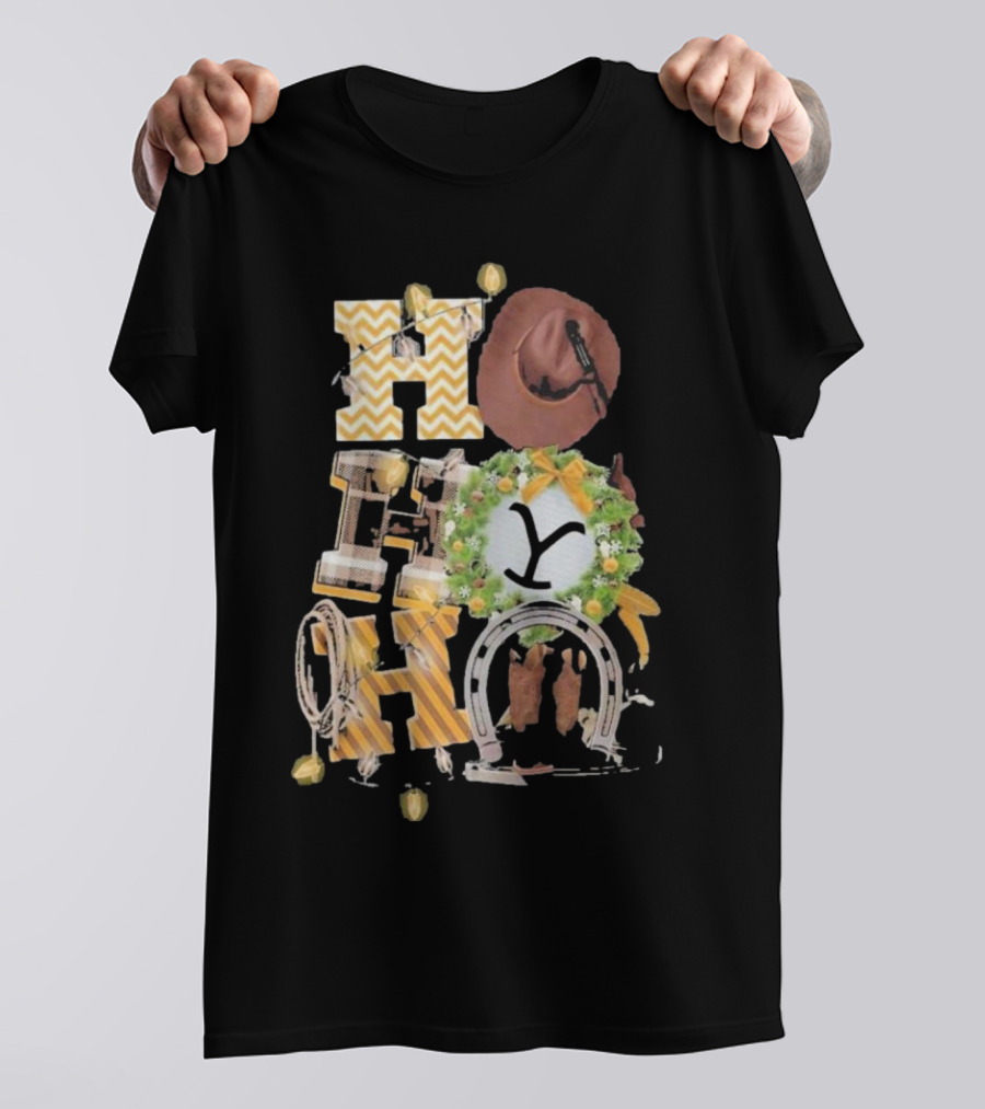Yellowstone Christmas Hohoho Western Holiday Decor Cowboy Hat Wreath T-Shirt