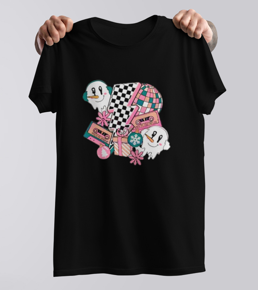 Christmas Lightning Bolt Snowman Retro Ghost Disco Cassette T-Shirt