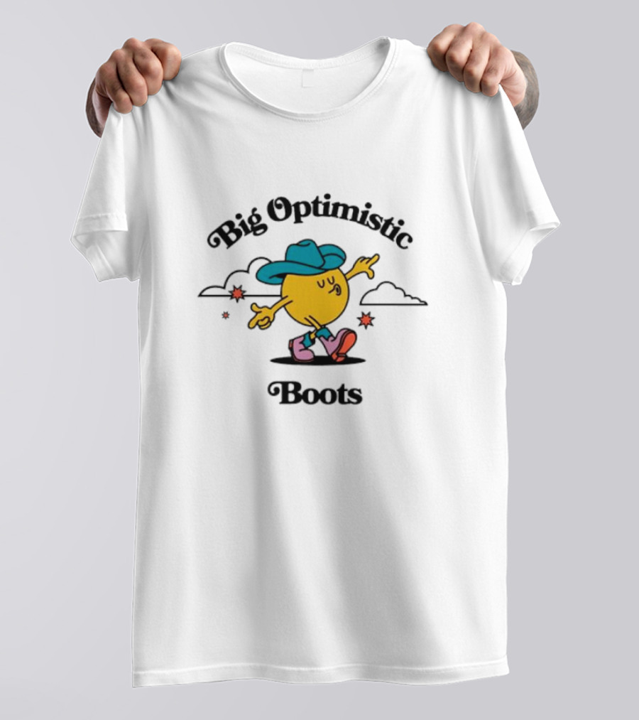 Big Optimistic Boots Cheerful Character With Blue Hat And Pink Shoes T-Shirt