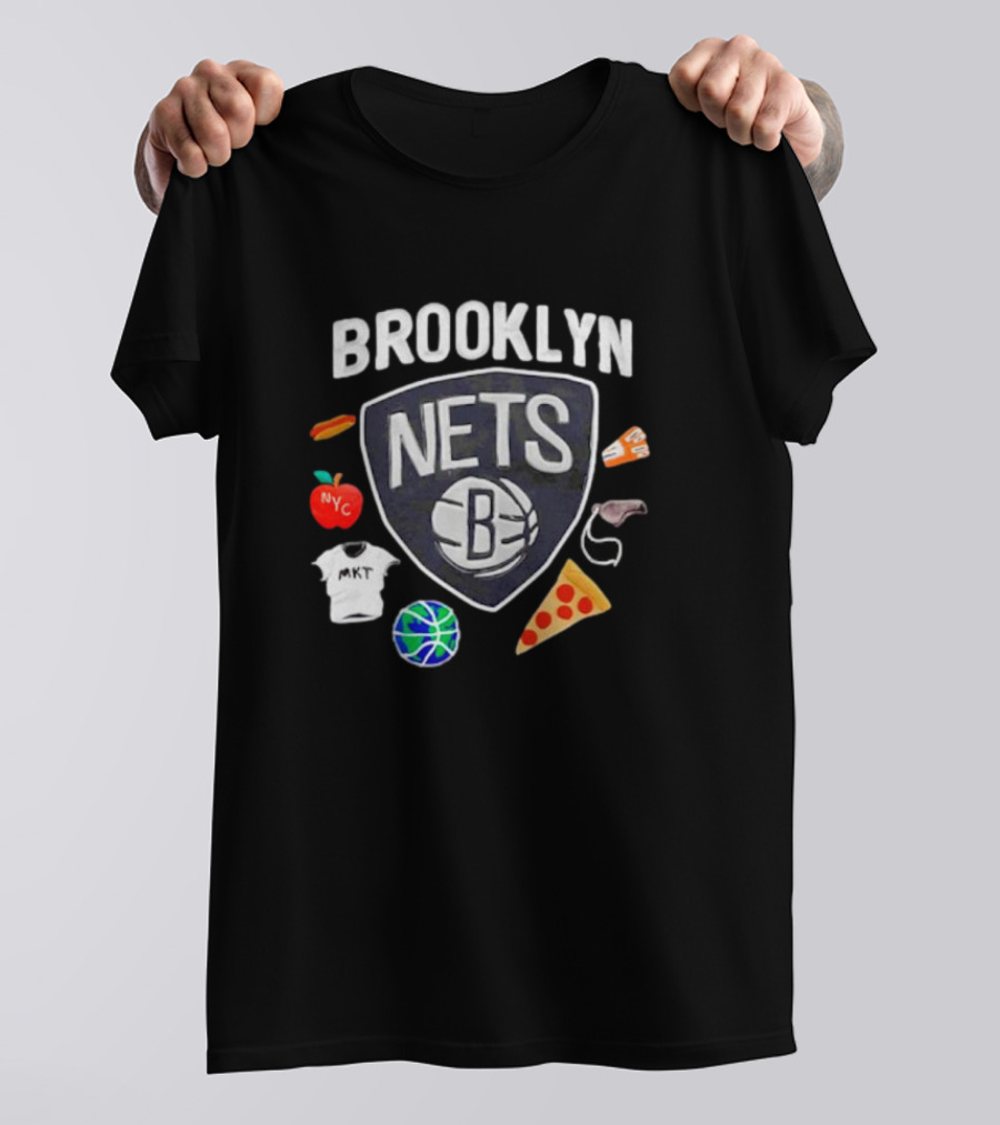 Brooklyn Nets NBA Claymation NYC Basketball Pizza Hot Dog Apple Icons T-Shirt