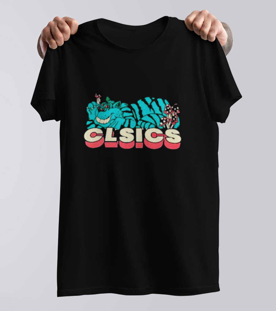 CLSICS Smiling Blue Striped Cat Fun Mushrooms T-Shirt