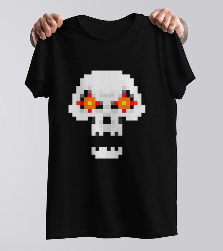 Crossing Skull Log Pixelated Gaming Skull With Red-Eyed Glare T-Shirt