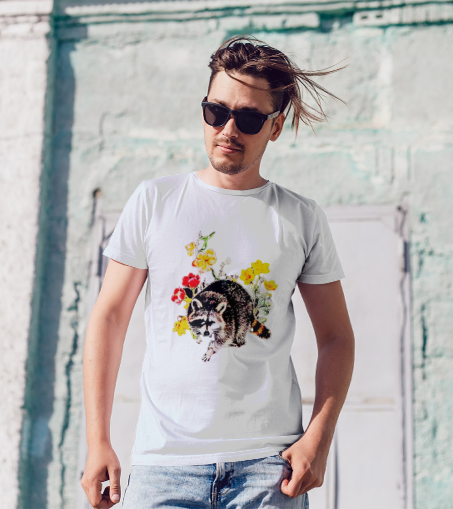 Raccoon With Vibrant Floral Arrangement T-Shirt