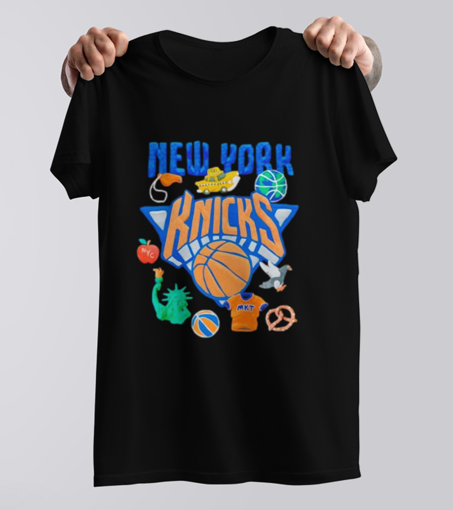 New York Knicks NBA Basketball Claymation NYC Statue Liberty Apple Pizza Taxi Pretzel Pigeon T-Shirt