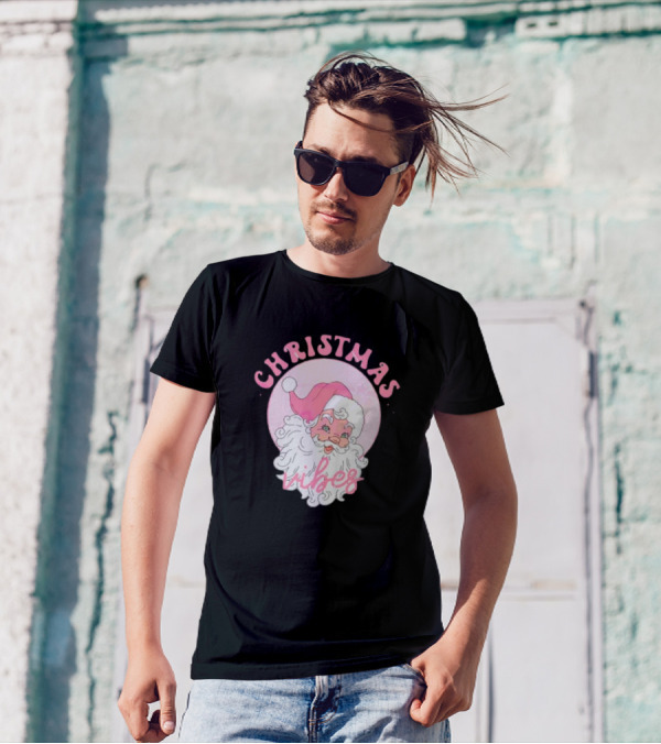 Christmas Vibes Santa Claus Pink Background T-Shirt