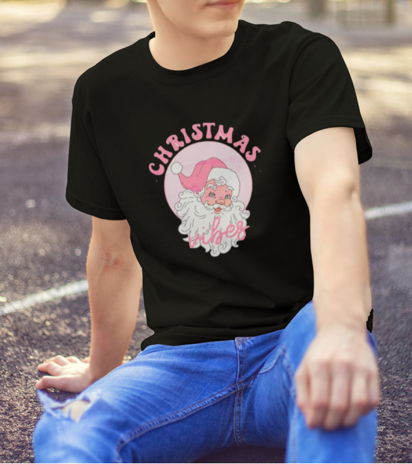 Christmas Vibes Santa Claus Pink Background T-Shirt