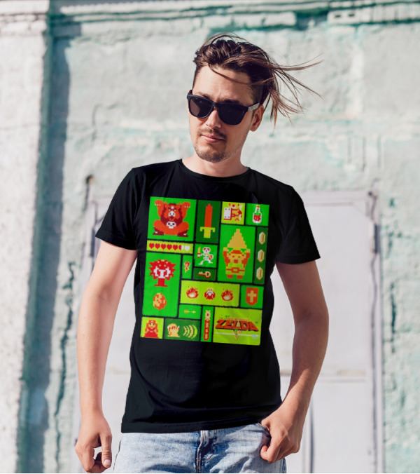 Legend Of Zelda Pixel Art Collage Retro Gaming Icons T-Shirt