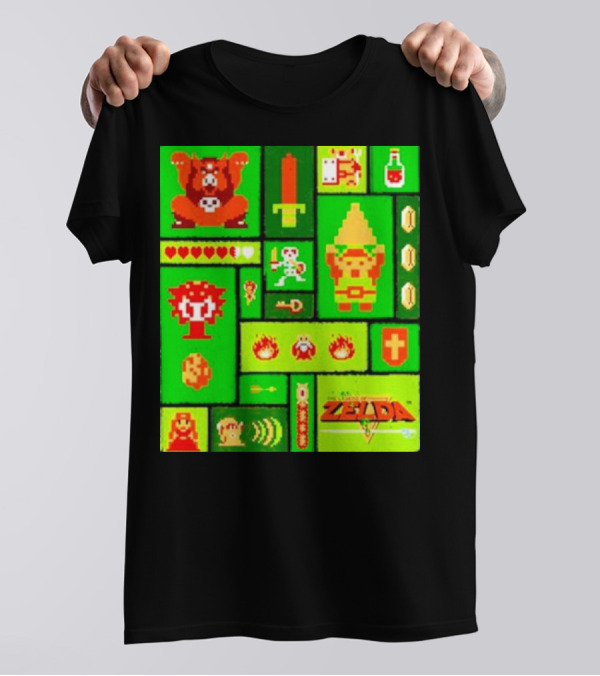 Legend Of Zelda Pixel Art Collage Retro Gaming Icons T-Shirt