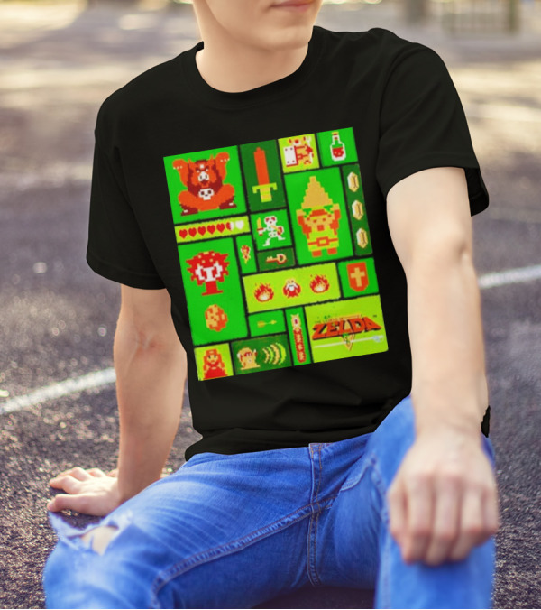 Legend Of Zelda Pixel Art Collage Retro Gaming Icons T-Shirt