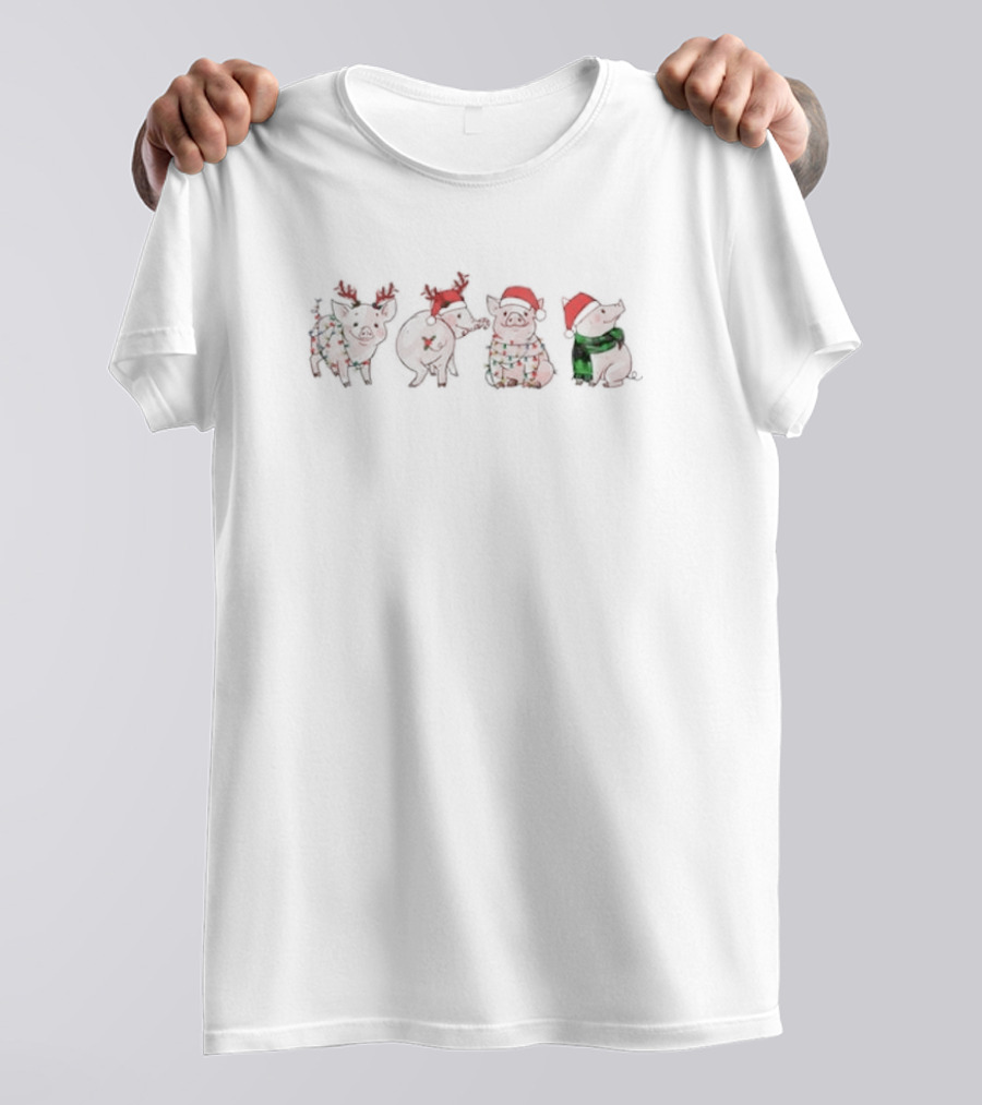 Pig Christmas Santa Hat With Reindeer And Festive Decorations T-Shirt