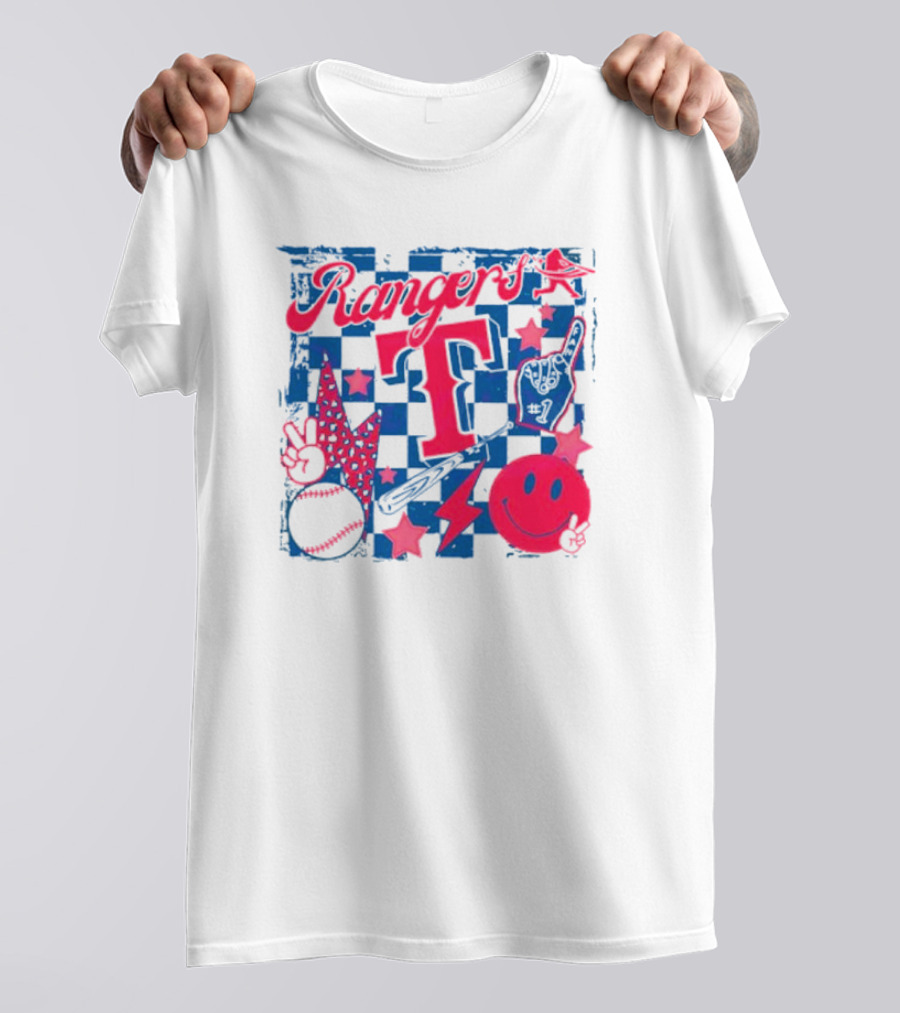 Rangers T Large Checkerboard Stars Baseball Smiley Lightning Peace T-Shirt