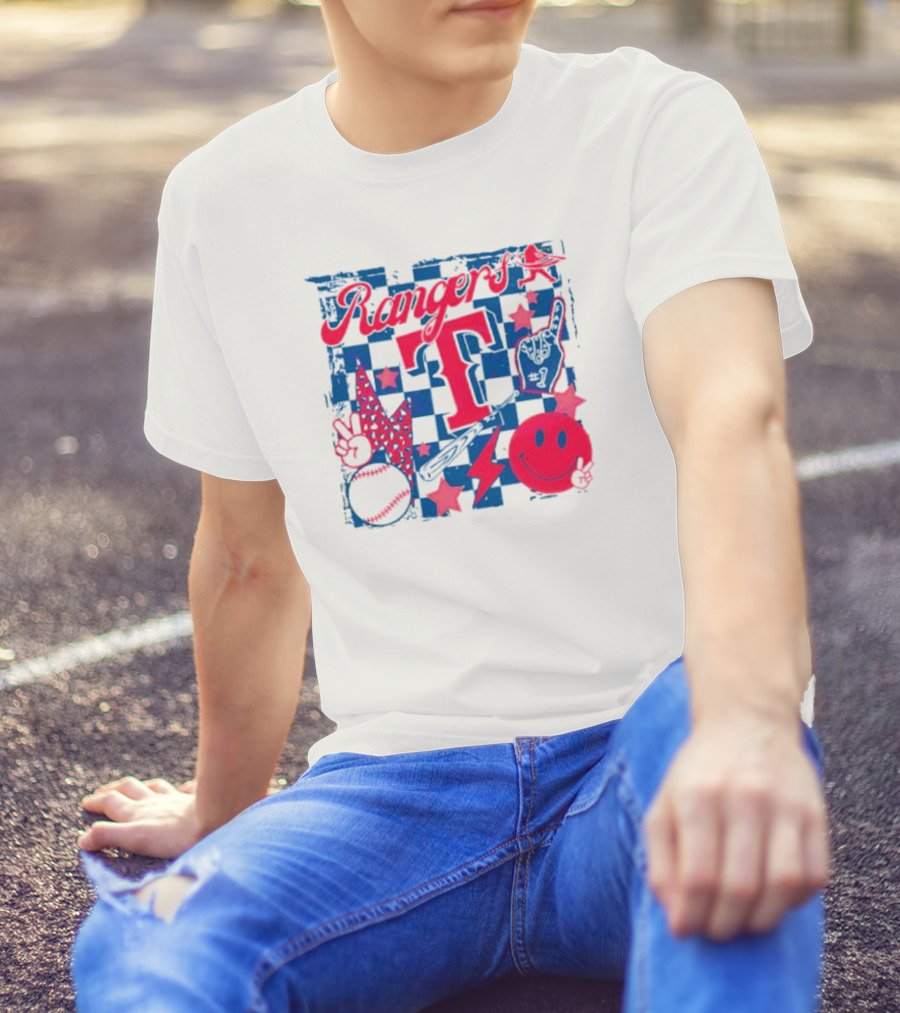 Rangers T Large Checkerboard Stars Baseball Smiley Lightning Peace T-Shirt