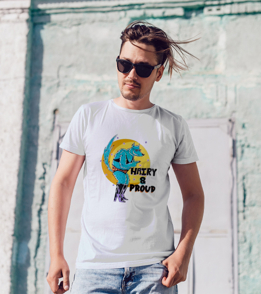 Wofl Hairy And Proud: Blue Wolf Character With Moon Background And Stars T-Shirt