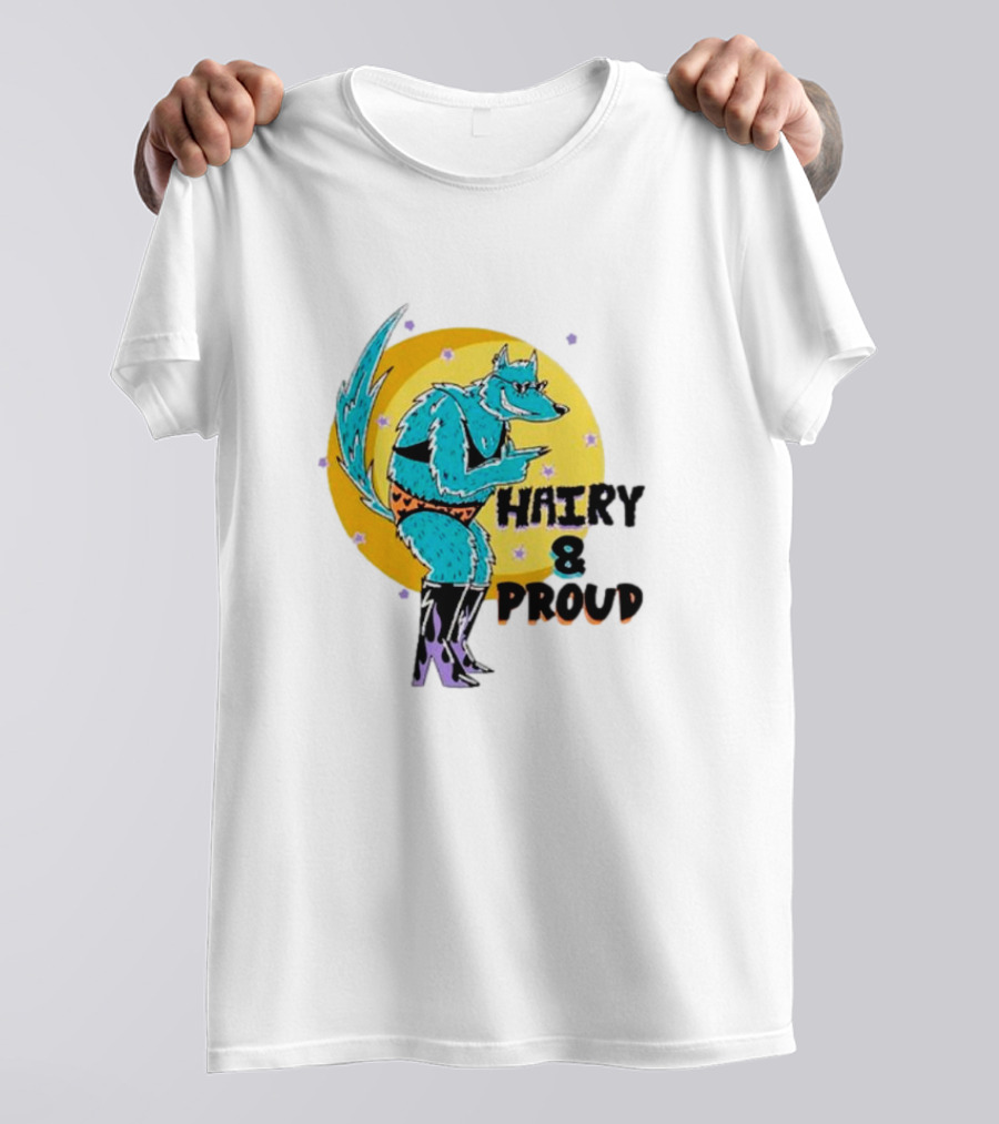 Wofl Hairy And Proud: Blue Wolf Character With Moon Background And Stars T-Shirt