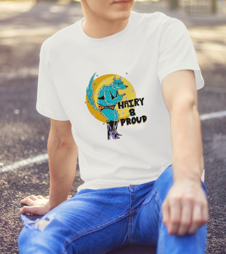 Wofl Hairy And Proud: Blue Wolf Character With Moon Background And Stars T-Shirt