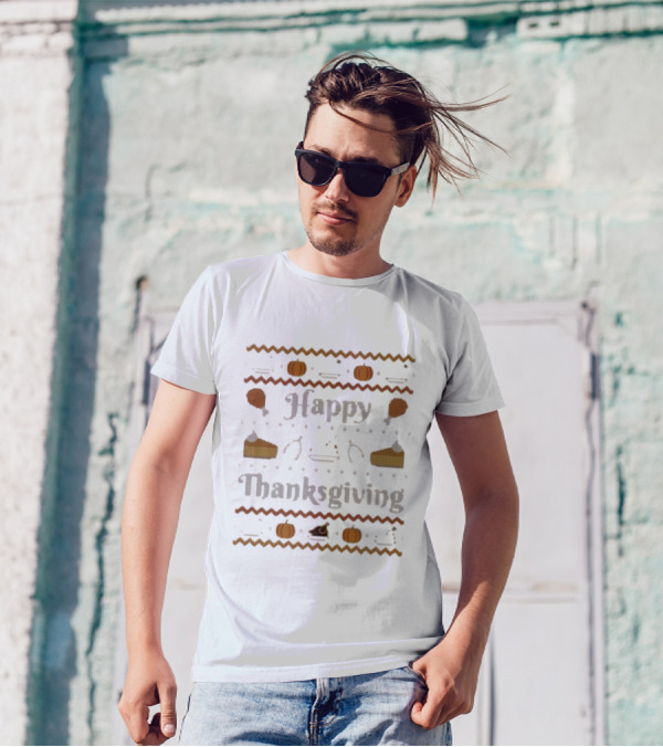 Happy Thanksgiving Pumpkin Pie Turkey Cross-Stitch T-Shirt