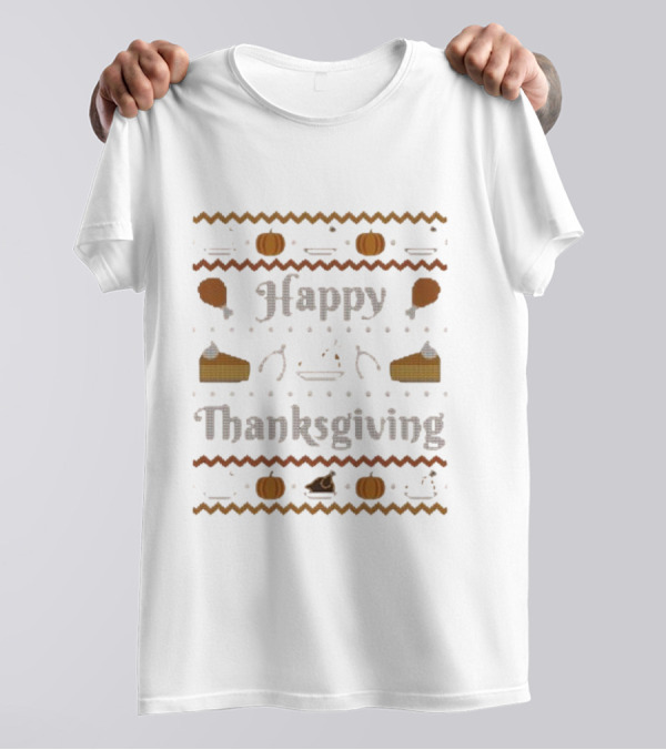 Happy Thanksgiving Pumpkin Pie Turkey Cross-Stitch T-Shirt