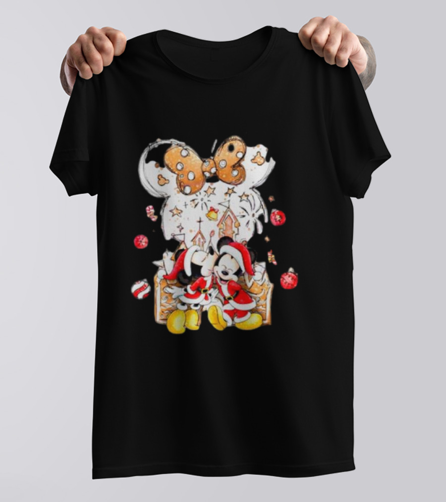Mickey And Minnie Christmas Castle Gingerbread Mouse Ears Holiday Scene T-Shirt