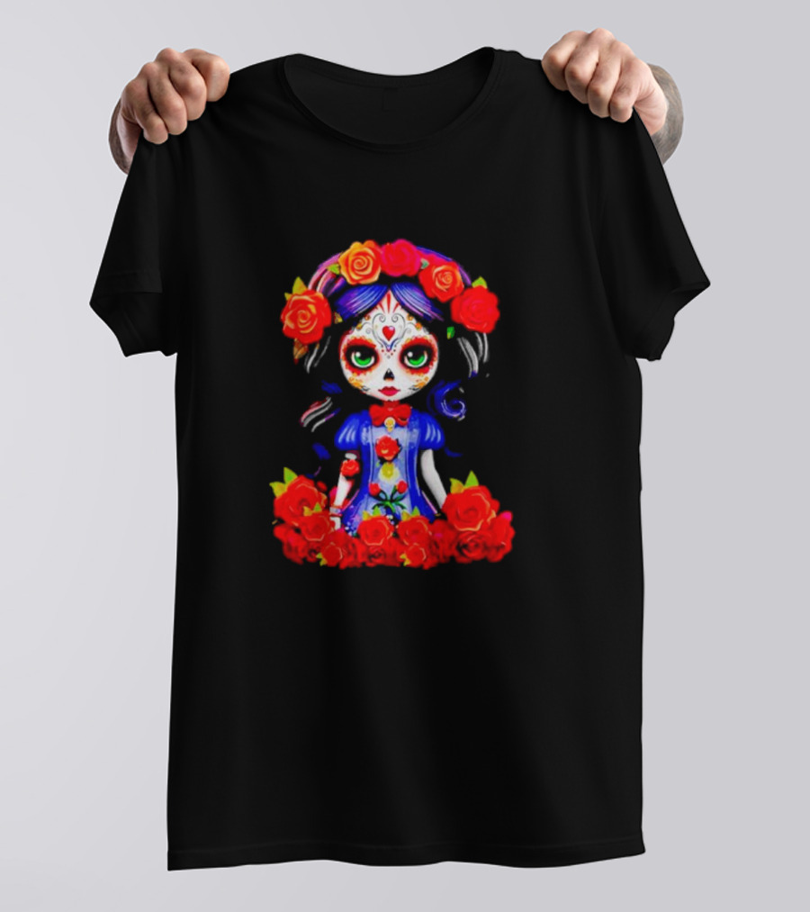 Women LA Catrina Day Of The Dead Floral Rose Adorned T-Shirt