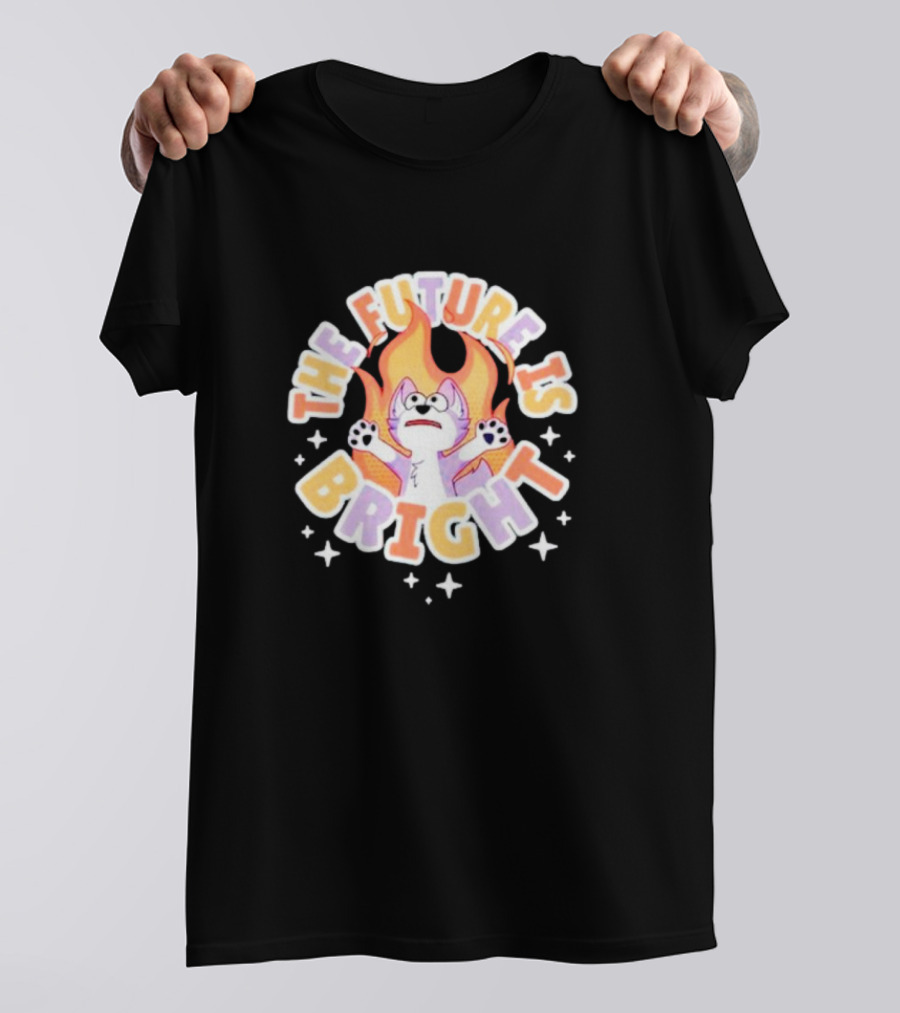 The Future Is Bright Flaming Cartoon Cat With Stars And Flames T-Shirt
