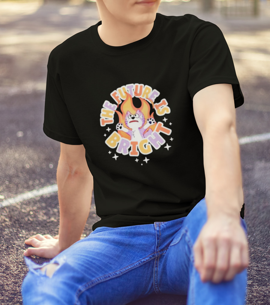 The Future Is Bright Flaming Cartoon Cat With Stars And Flames T-Shirt