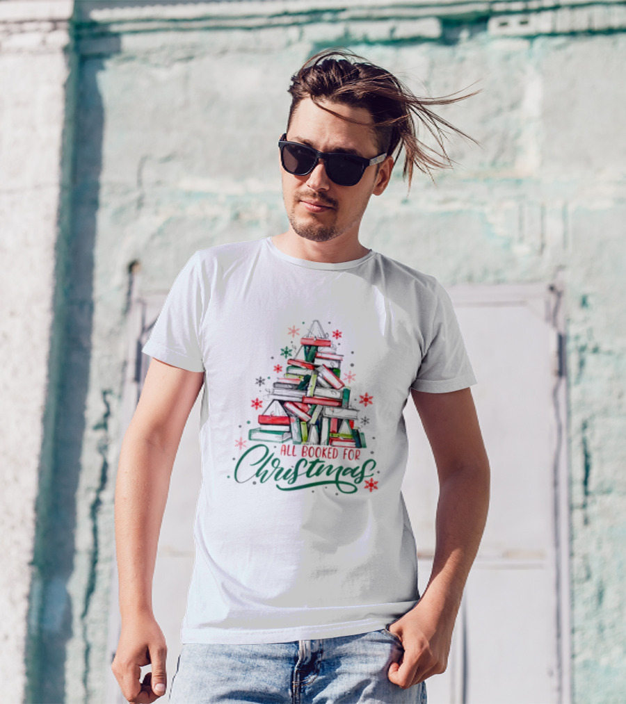 All Booked For Christmas Cute Bookworm Christmas Tree With Books T-Shirt