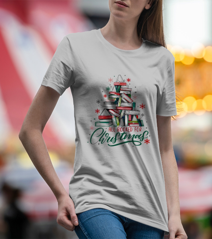 All Booked For Christmas Cute Bookworm Christmas Tree With Books T-Shirt