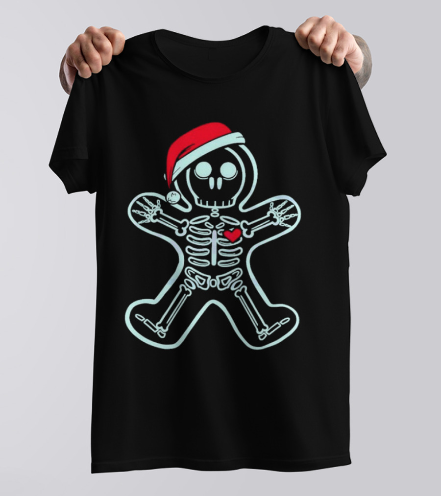 Christmas Xray Gingerbread Man Skeleton With Santa Hat And Heart T-Shirt