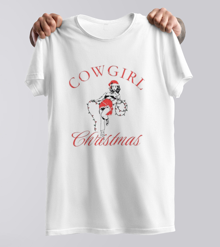 Cowgirl Christmas Santa Hat Festive Lights Retro Pin-Up T-Shirt